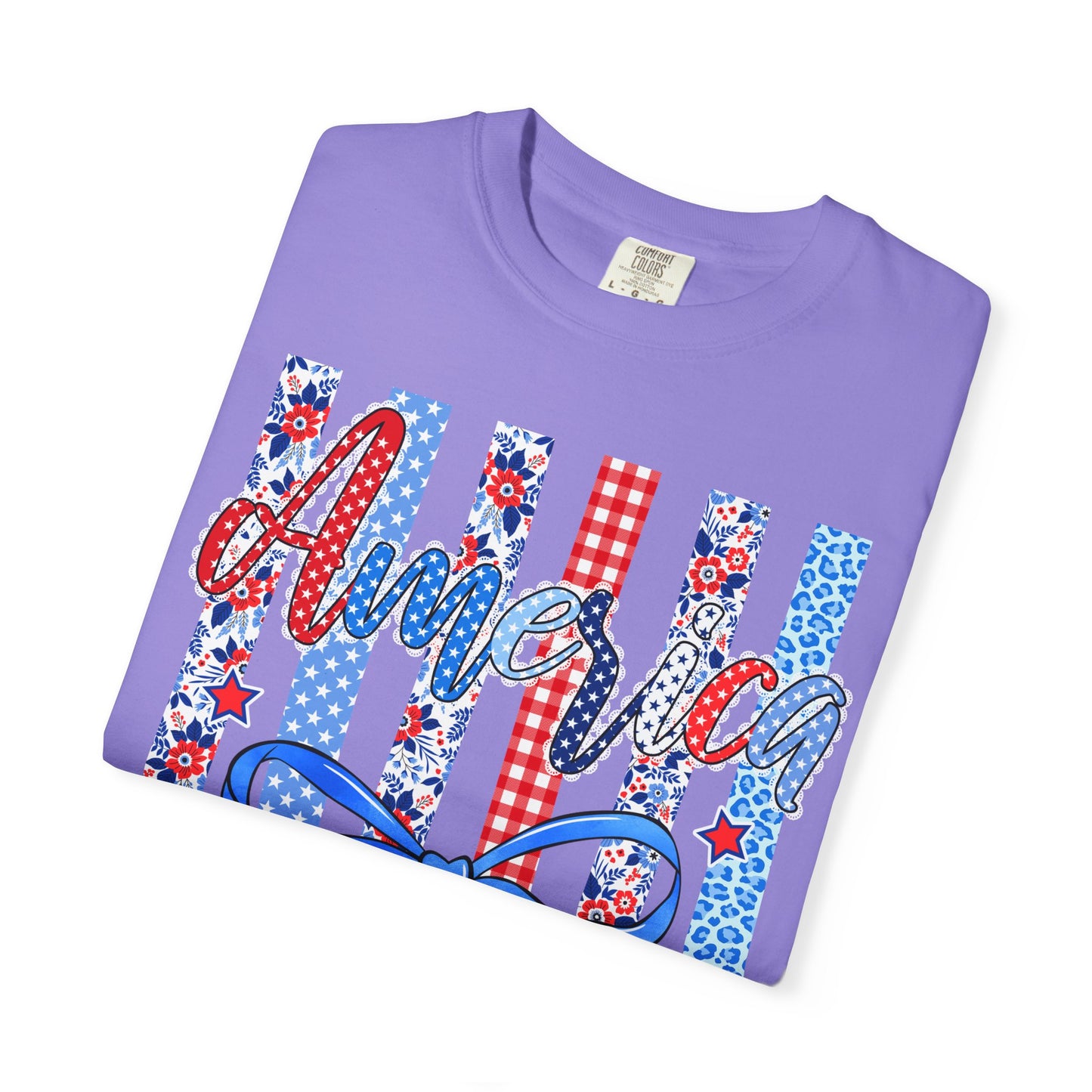 America Patriotic T-Shirt — Red White Blue Stripes & Bow Graphic