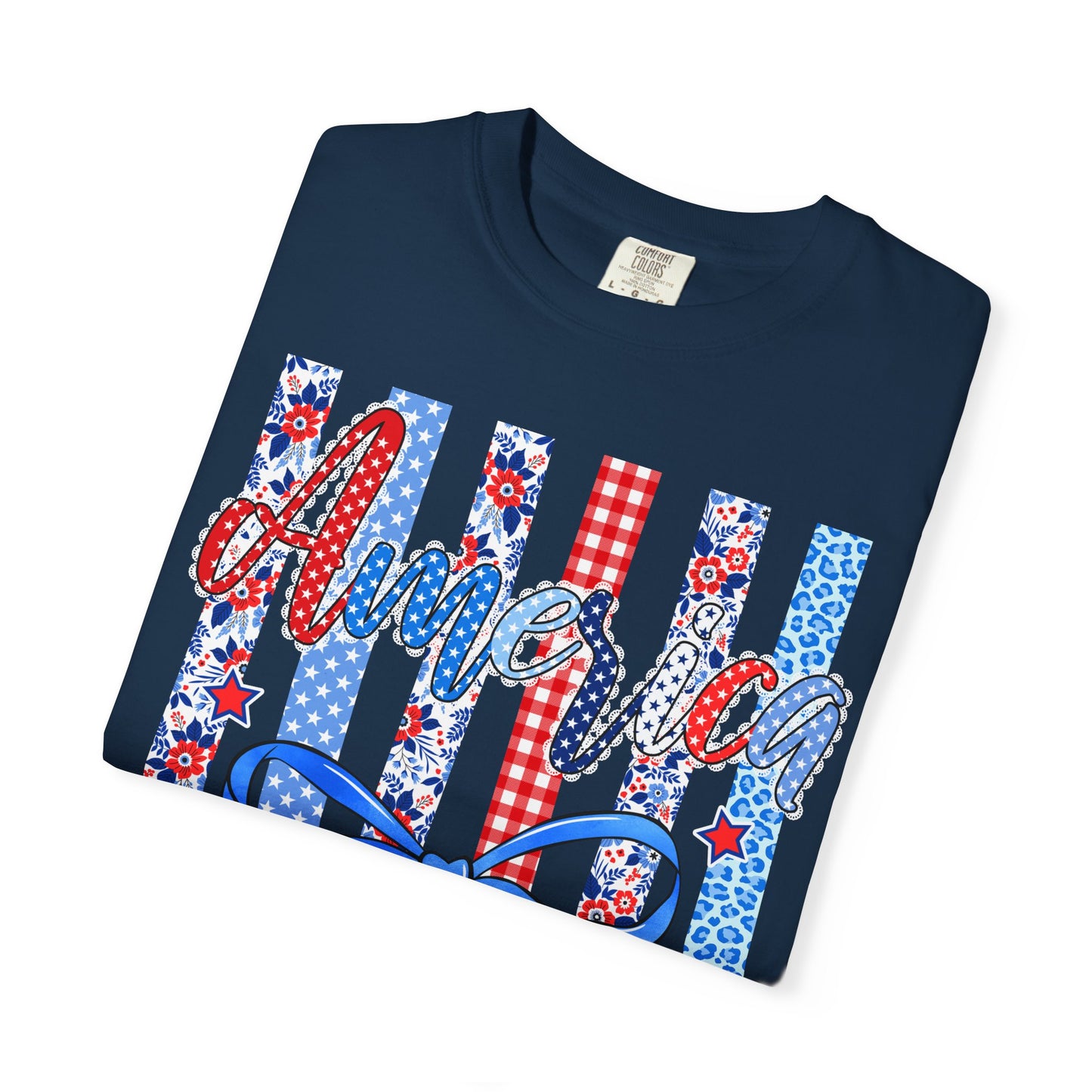 America Patriotic T-Shirt — Red White Blue Stripes & Bow Graphic