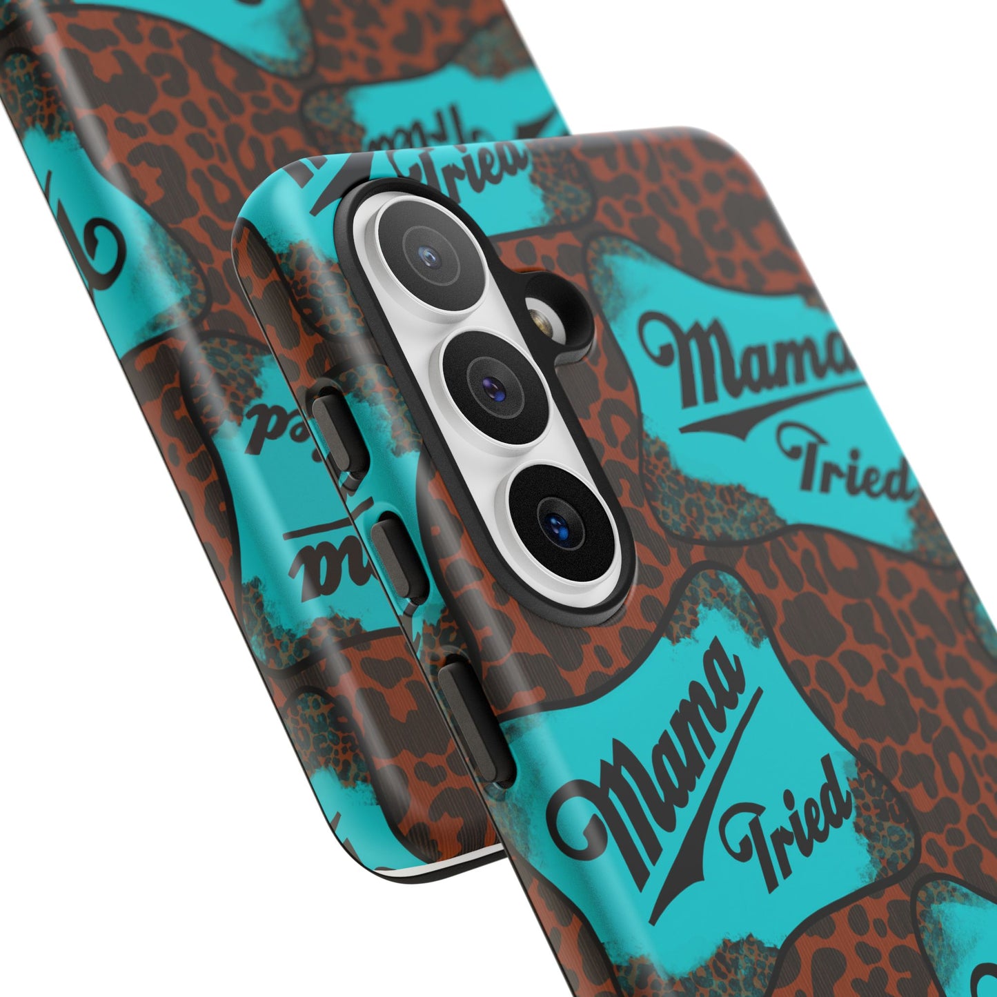 Mama Tried Leopard Print Phone Case — Turquoise Retro Patch Design