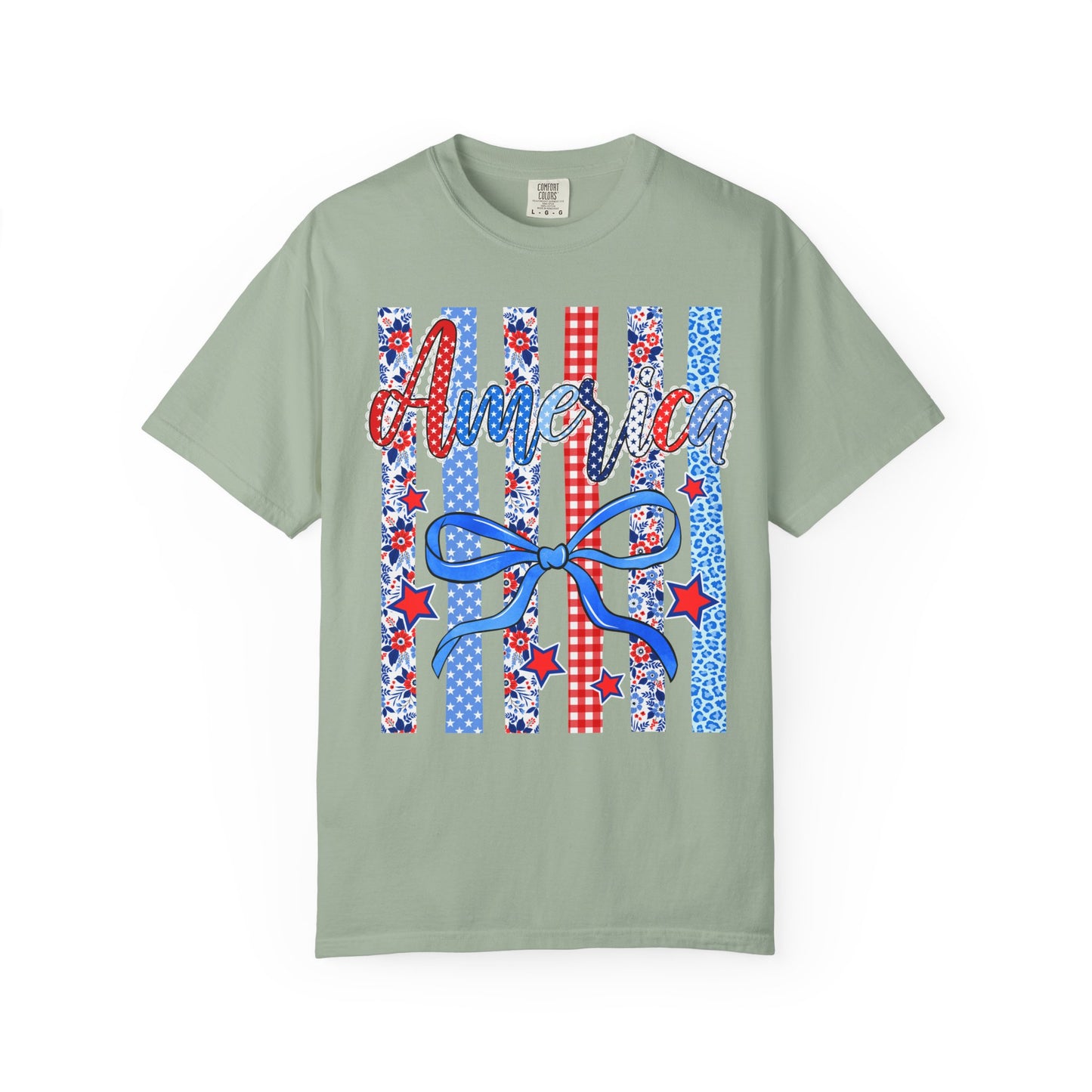 America Patriotic T-Shirt — Red White Blue Stripes & Bow Graphic