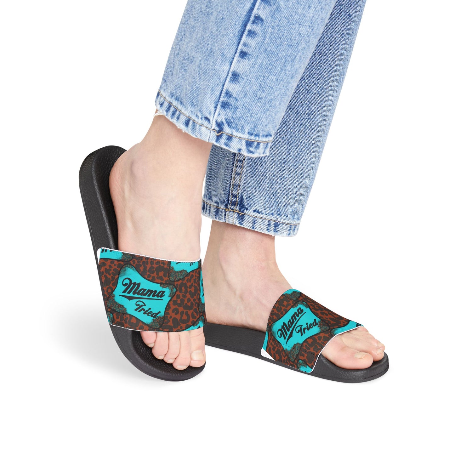 Women's Slide Sandals — Turquoise Leopard 'Mama Tried' Removable Strap Slides