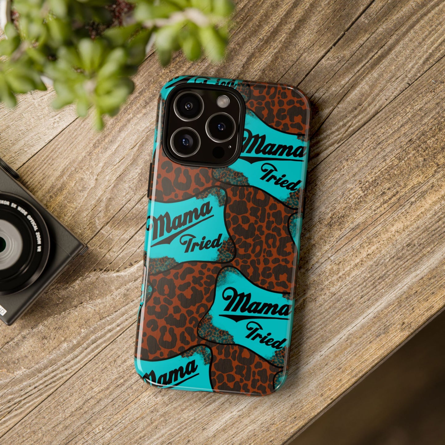Mama Tried Leopard Print Phone Case — Turquoise Retro Patch Design