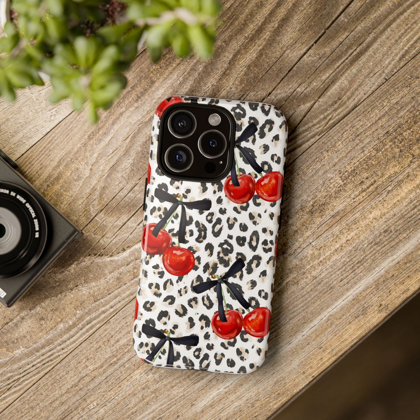 Cherry Leopard Phone Case — Retro Red Cherries on Animal Print Protective Case
