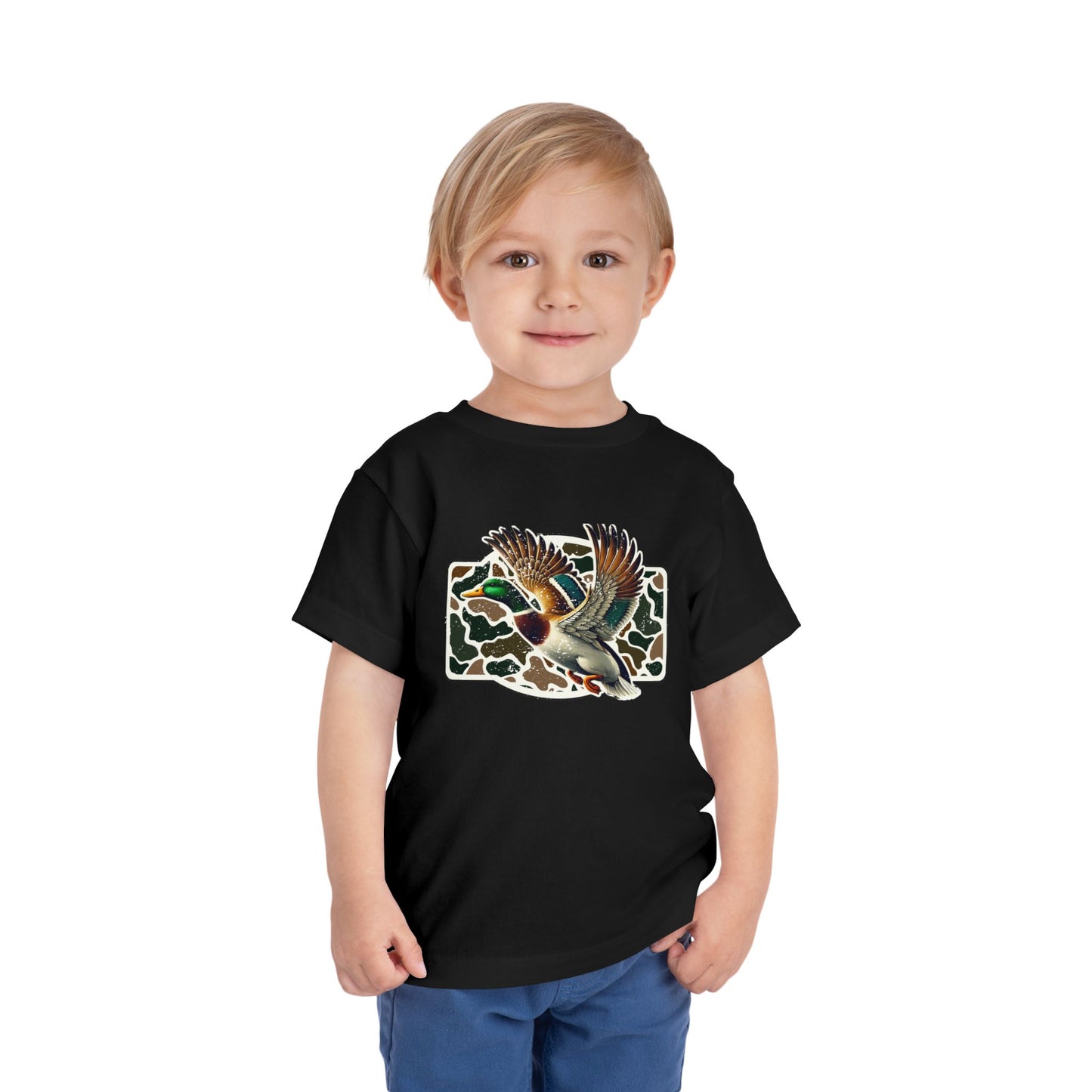 Toddler Tee — Flying Mallard Duck Graphic (Kids Hunting/Camo Outfit)