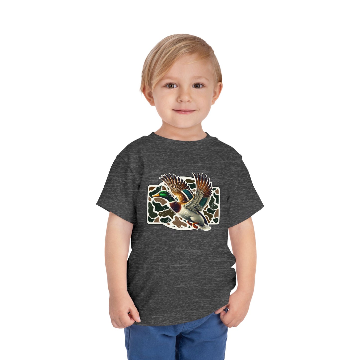 Toddler Tee — Flying Mallard Duck Graphic (Kids Hunting/Camo Outfit)