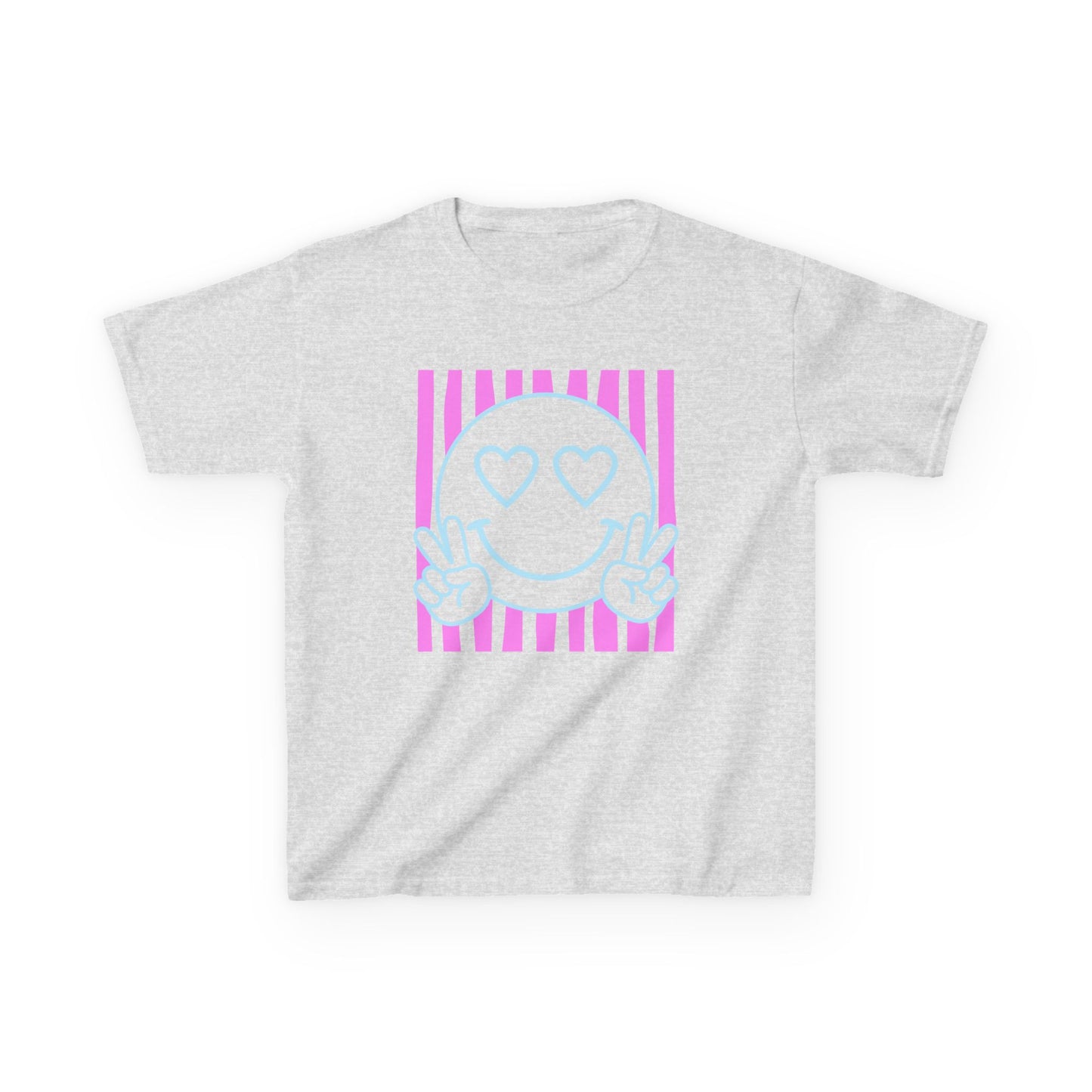 Kids T‑Shirt Heart Eyes Smiley with Peace Sign (Pink Stripes)