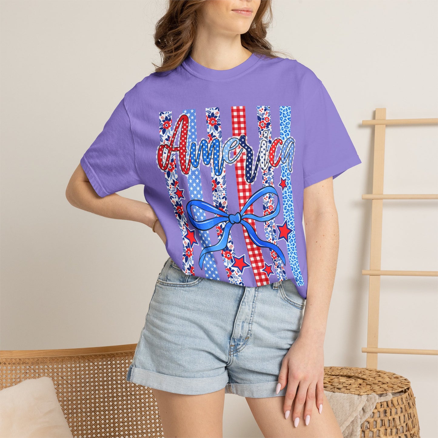 America Patriotic T-Shirt — Red White Blue Stripes & Bow Graphic
