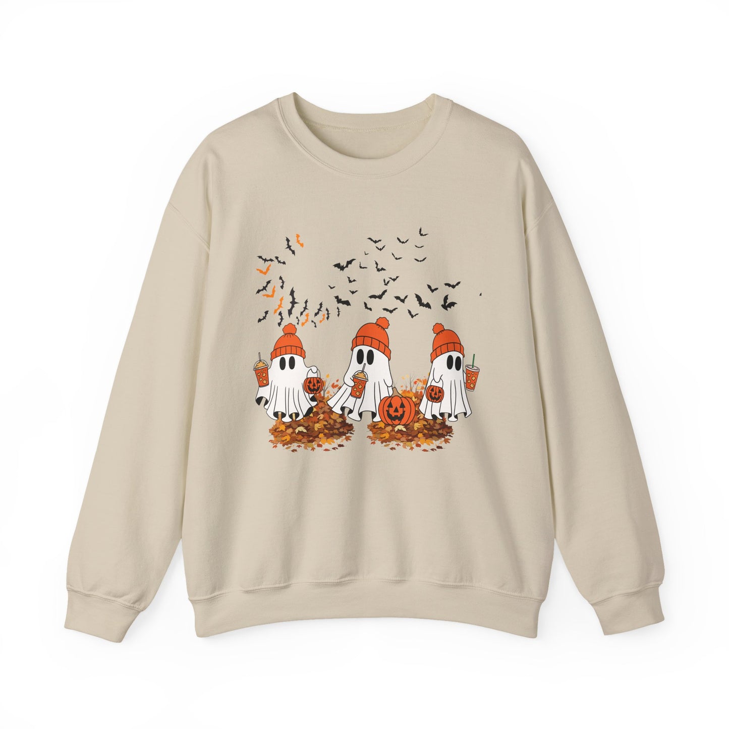Cozy Ghosts Fall Sweatshirt — Cute Halloween Ghosts with Pumpkins & Leaves