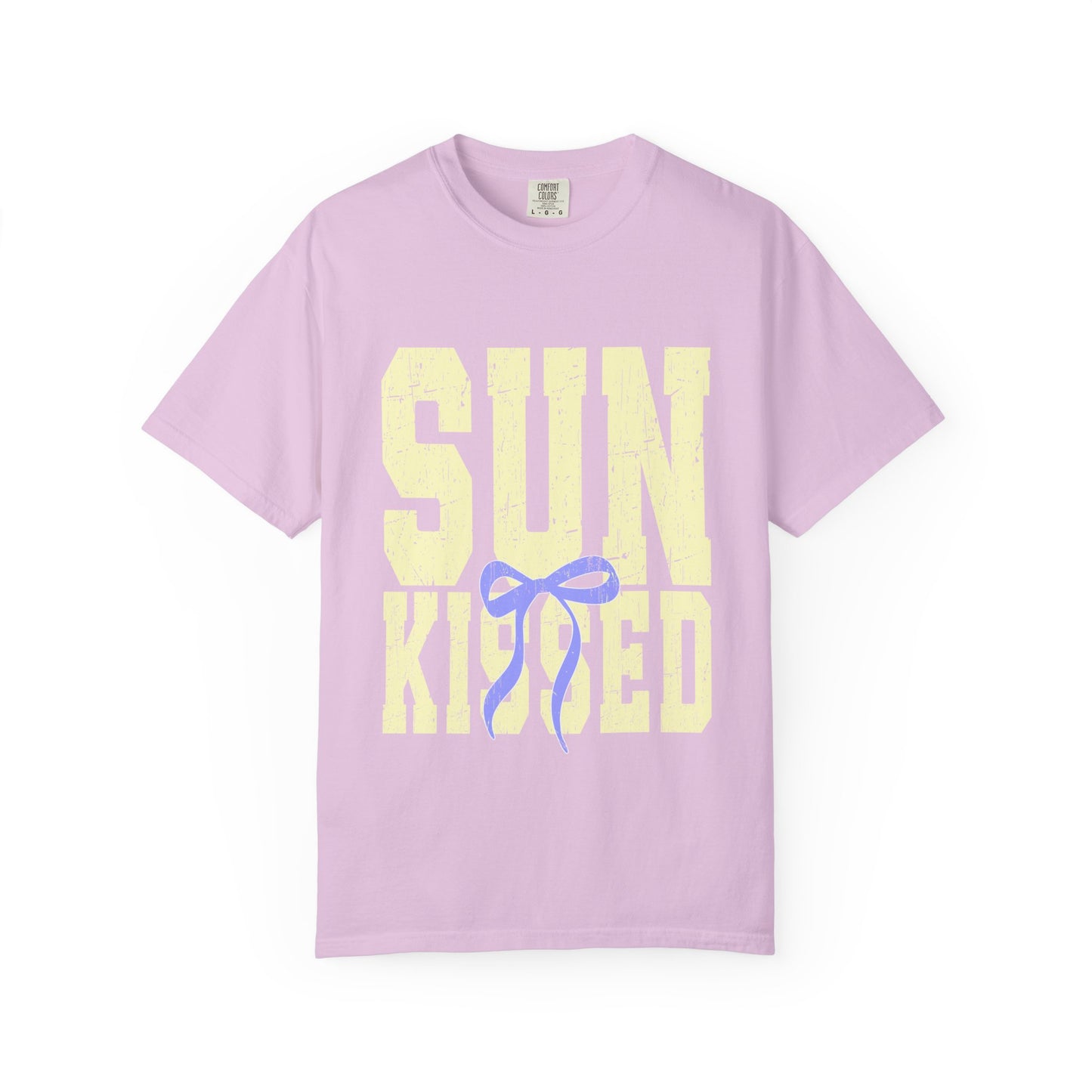 Sun-Kissed T-Shirt Pastel Yellow Block Print with Lavender Ribbon