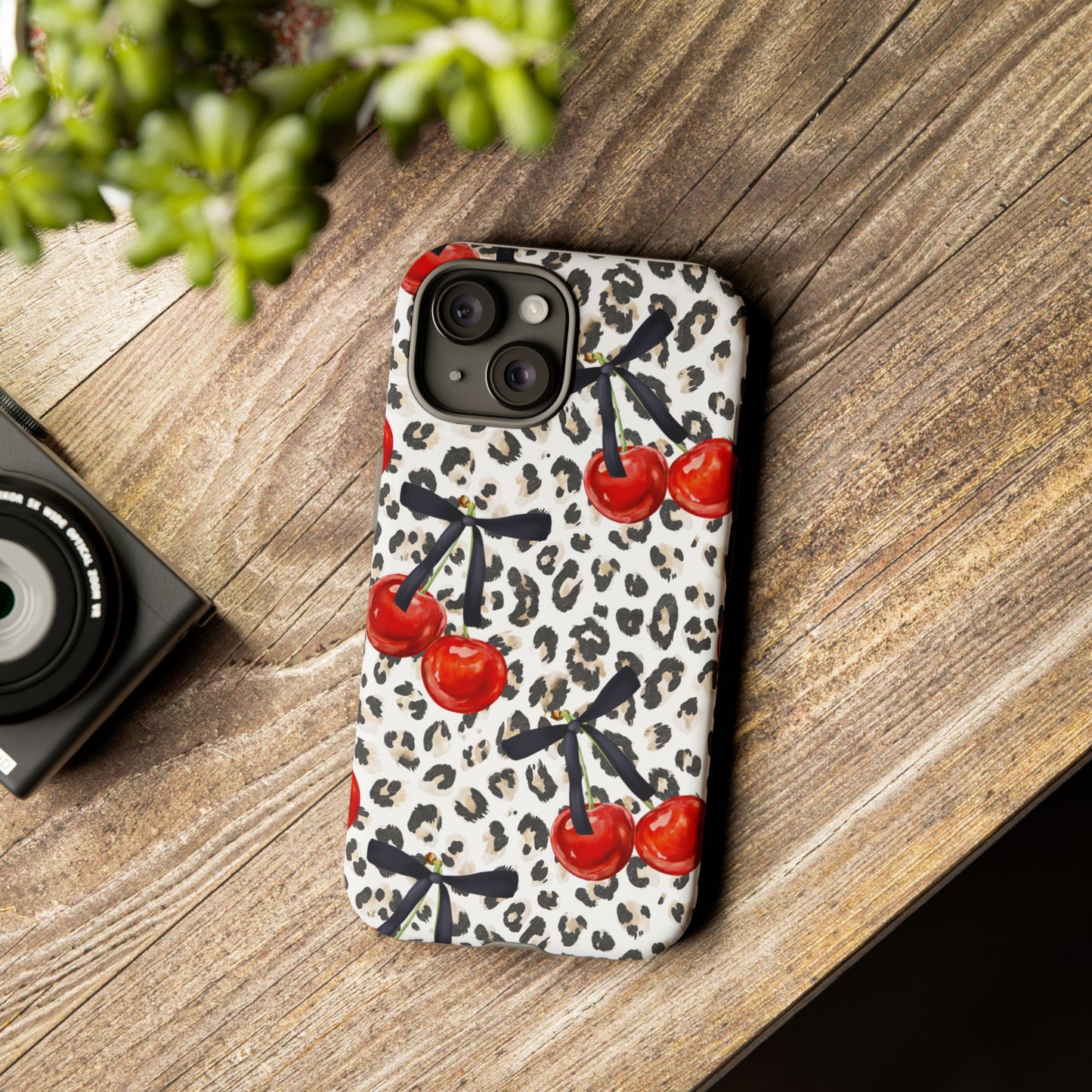 Cherry Leopard Phone Case — Retro Red Cherries on Animal Print Protective Case