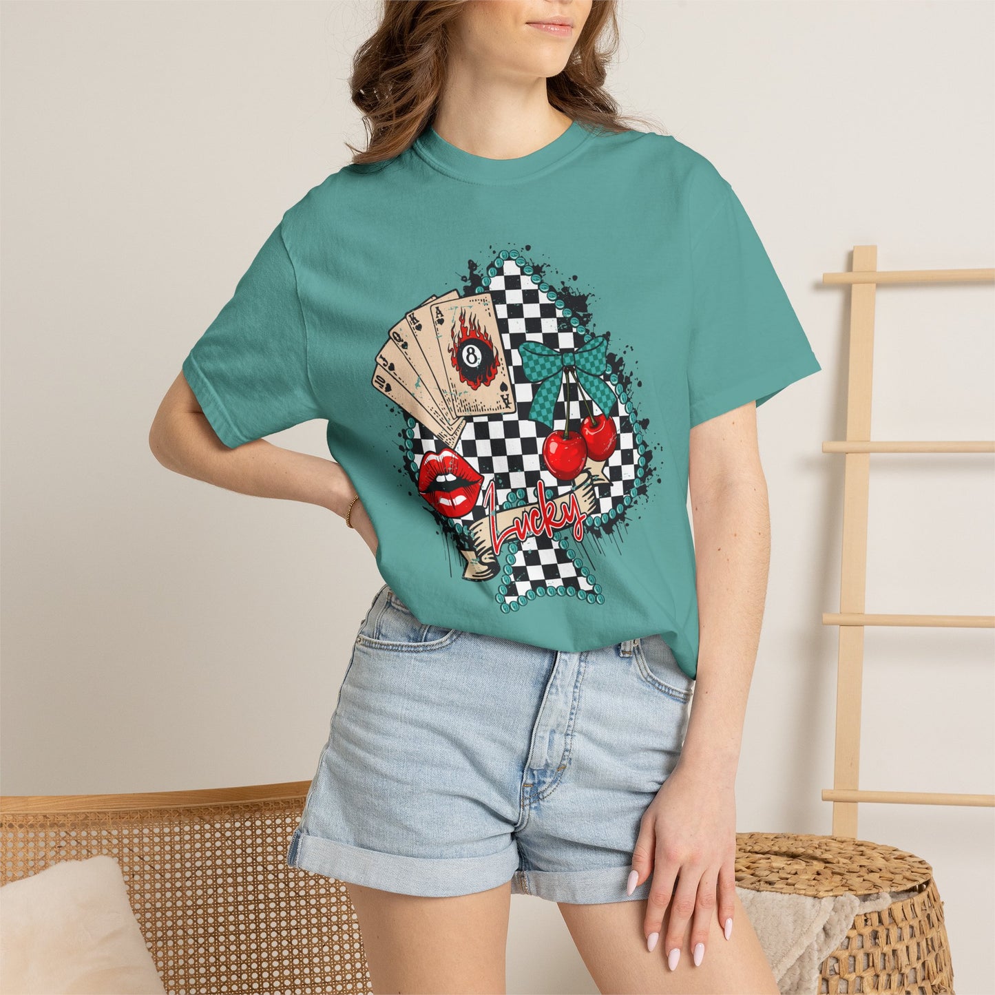 Retro Checkerboard Cherry & Cards Graphic Tee