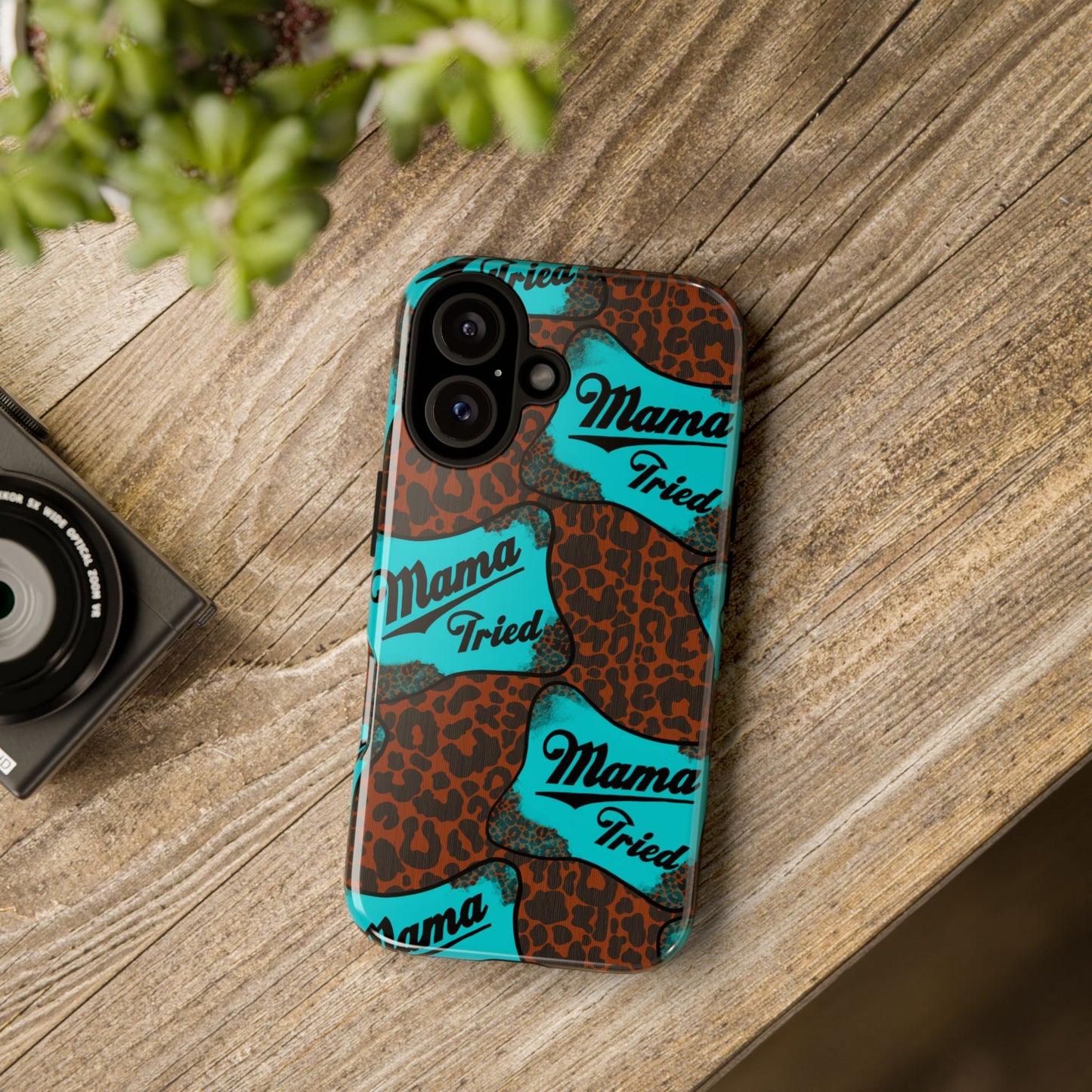 Mama Tried Leopard Print Phone Case — Turquoise Retro Patch Design