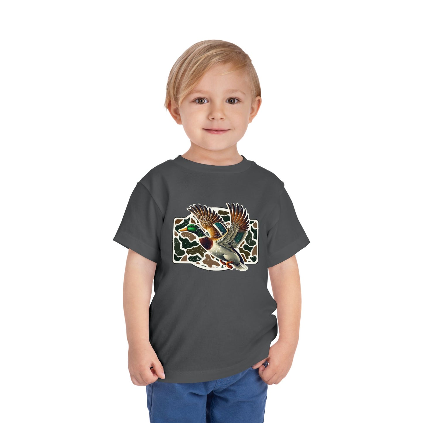 Toddler Tee — Flying Mallard Duck Graphic (Kids Hunting/Camo Outfit)