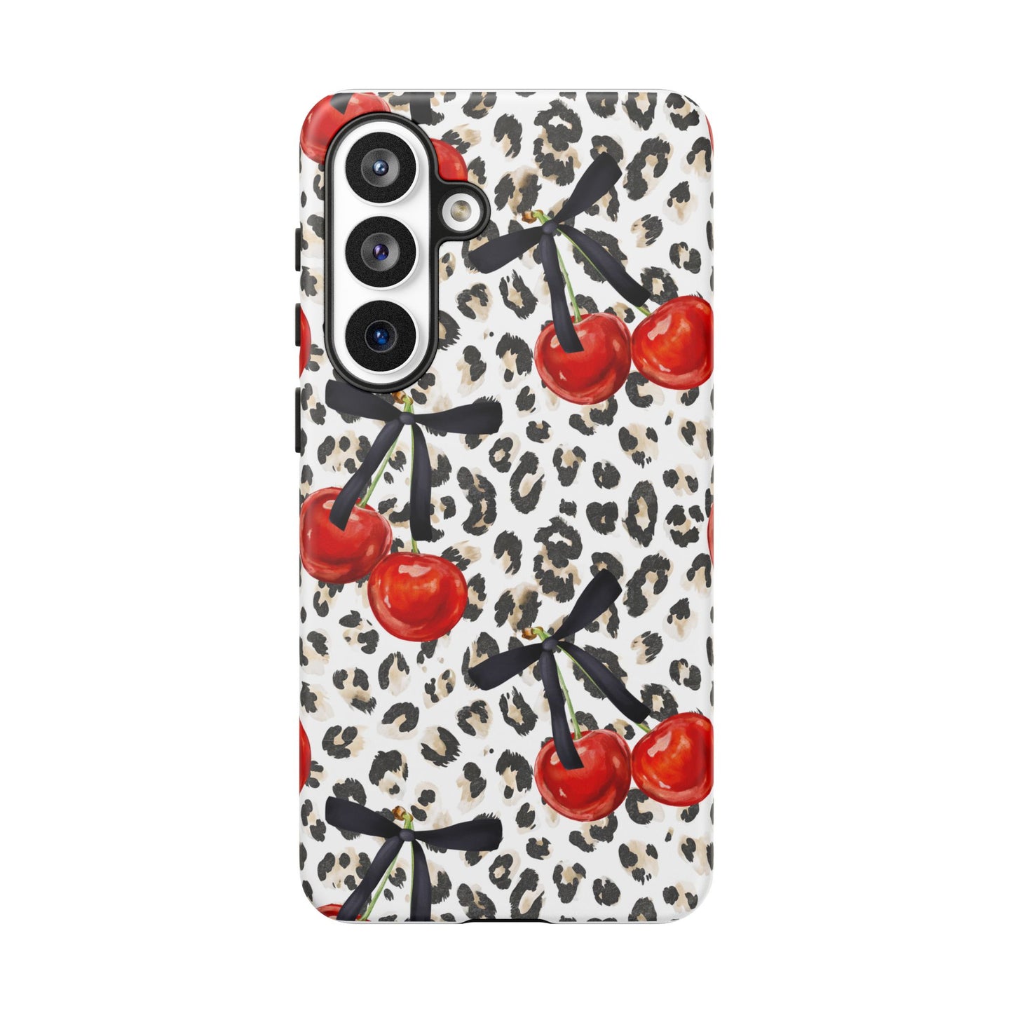 Cherry Leopard Phone Case — Retro Red Cherries on Animal Print Protective Case