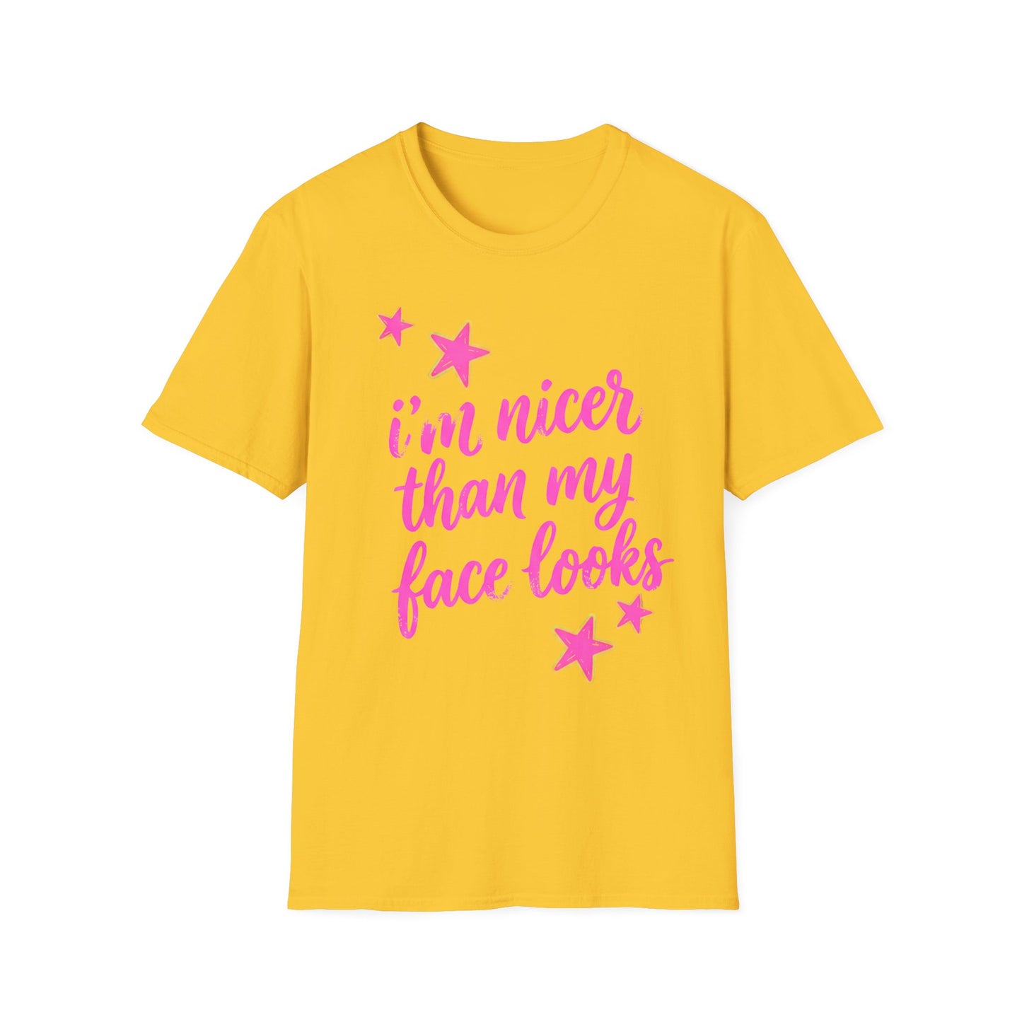 “I’m Nicer Than My Face Looks” Pink Script Graphic Tee
