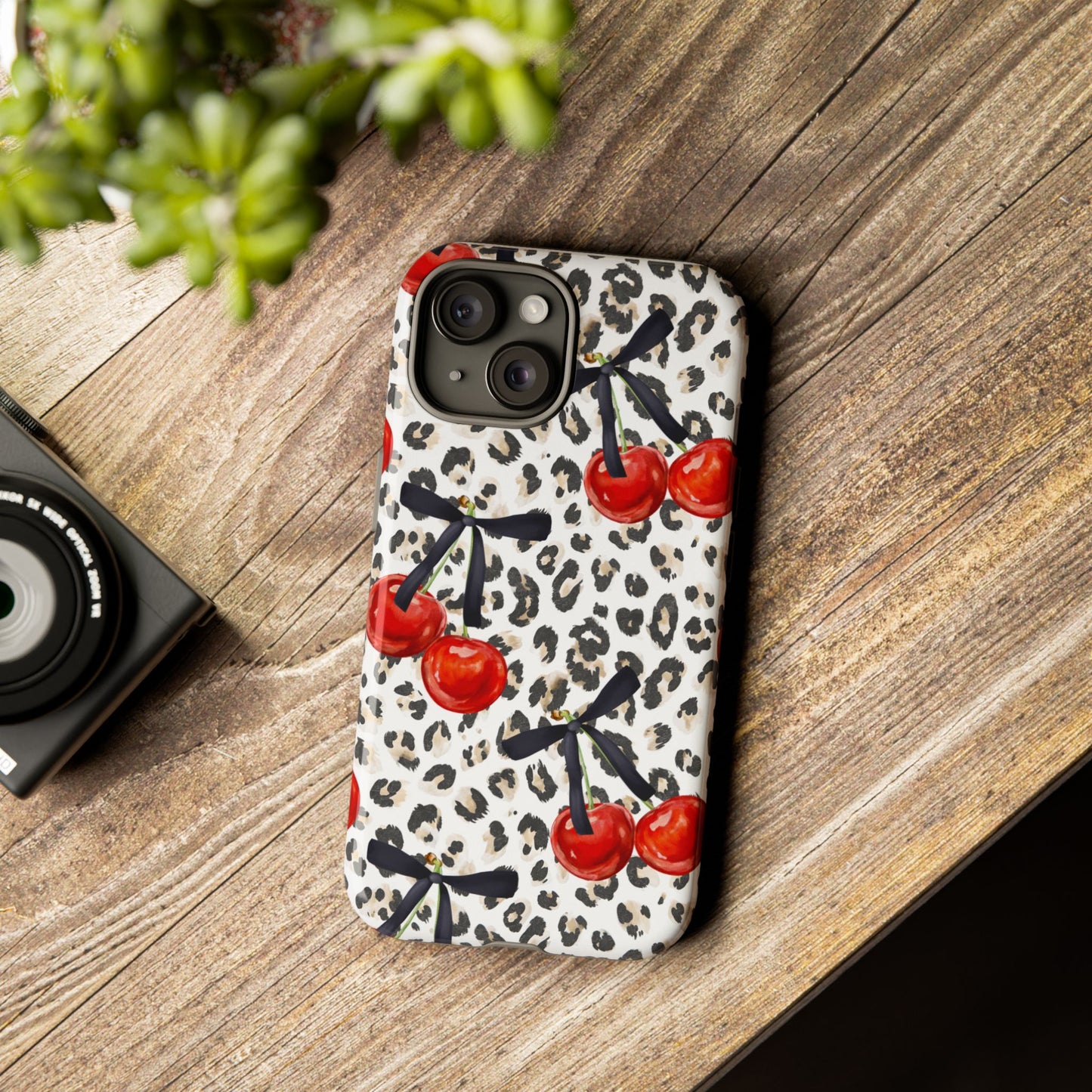 Cherry Leopard Phone Case — Retro Red Cherries on Animal Print Protective Case