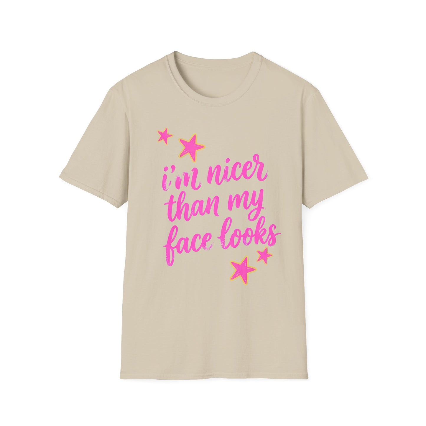“I’m Nicer Than My Face Looks” Pink Script Graphic Tee