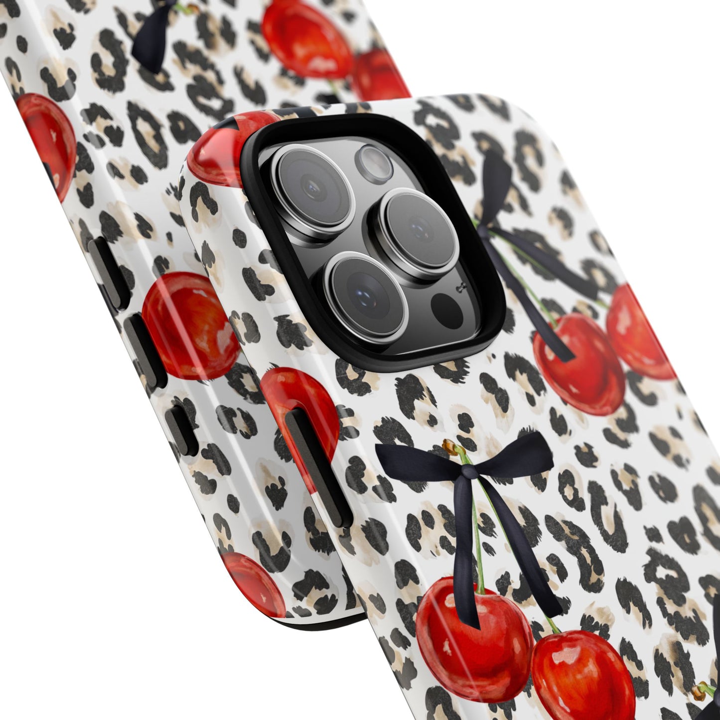 Cherry Leopard Phone Case — Retro Red Cherries on Animal Print Protective Case