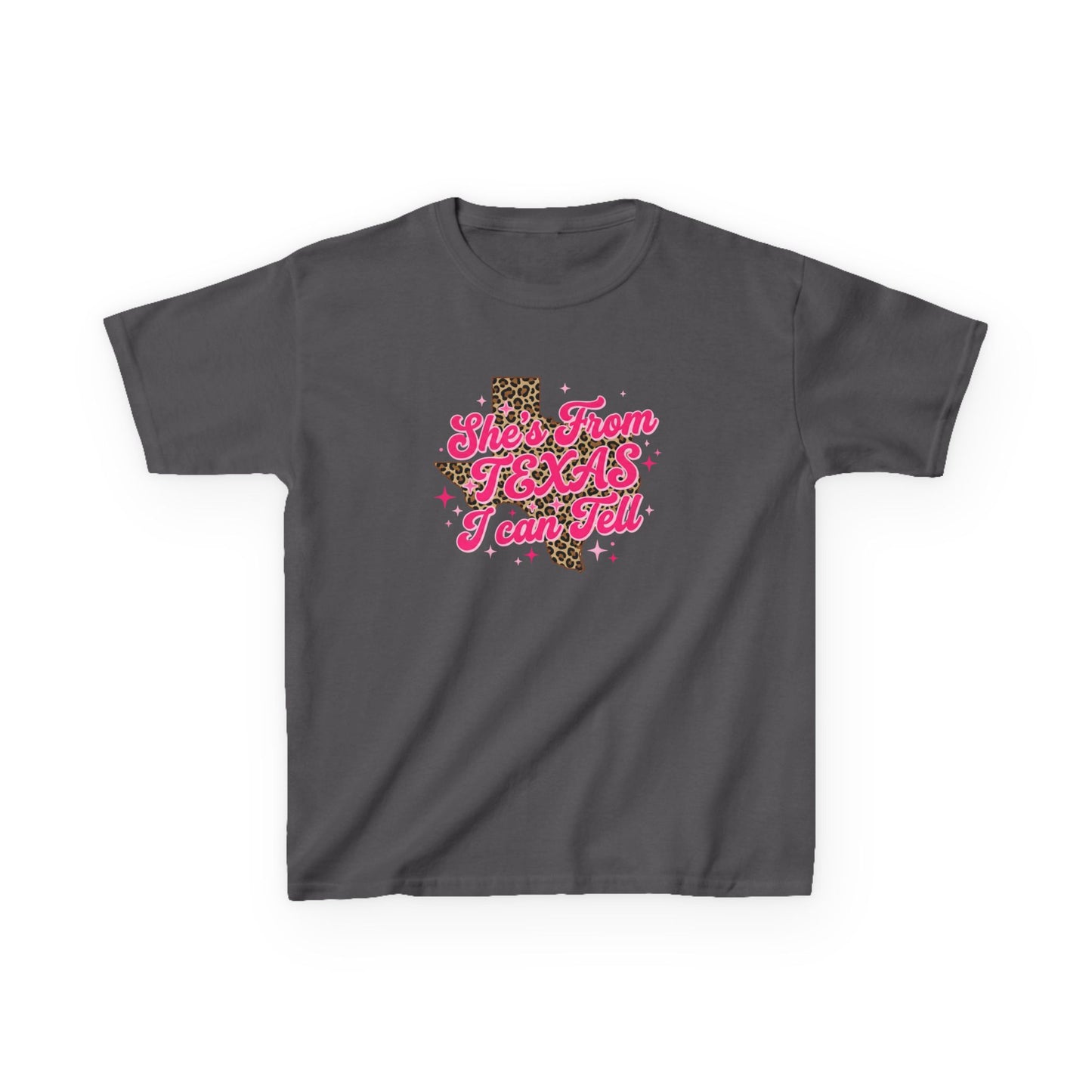 Kids Tee — "She's From Texas I Can Tell" Leopard