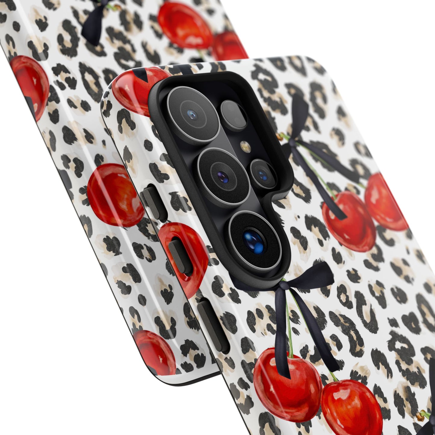 Cherry Leopard Phone Case — Retro Red Cherries on Animal Print Protective Case