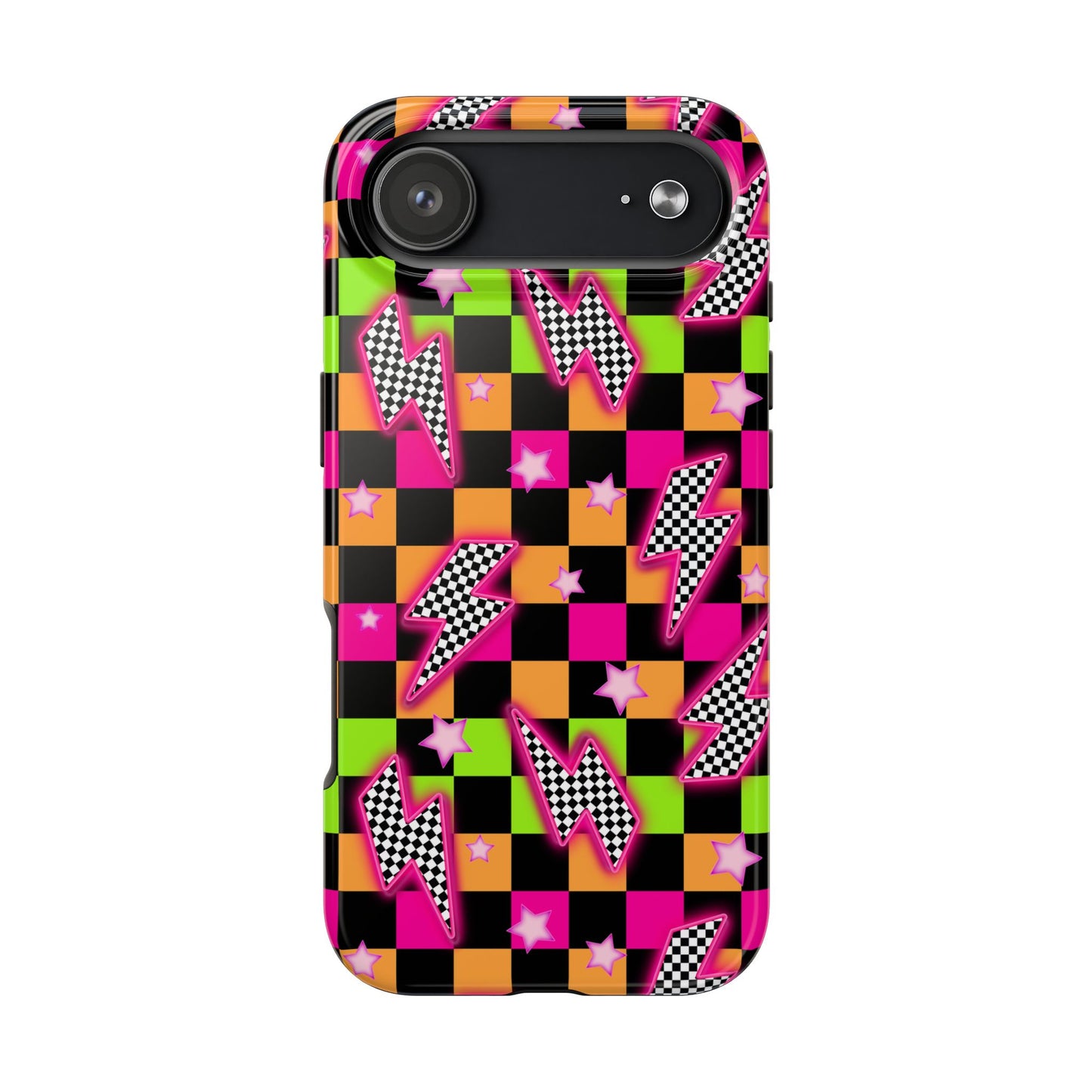 Neon Checkerboard Lightning Retro Pattern