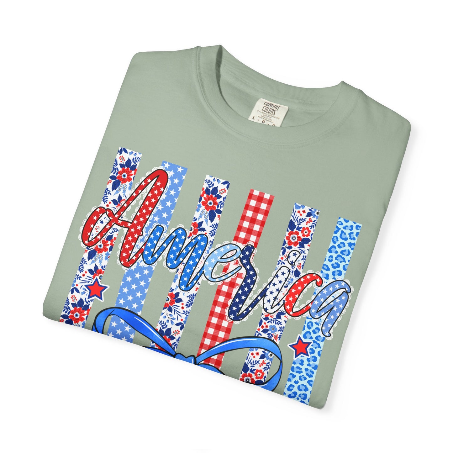 America Patriotic T-Shirt — Red White Blue Stripes & Bow Graphic