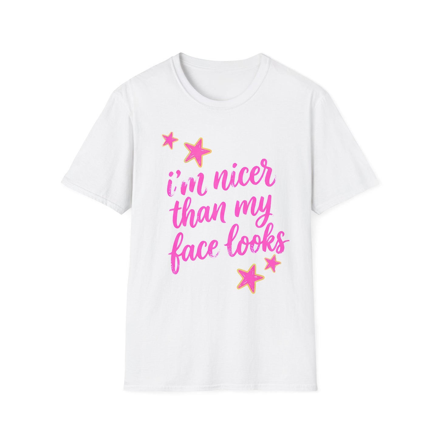 “I’m Nicer Than My Face Looks” Pink Script Graphic Tee