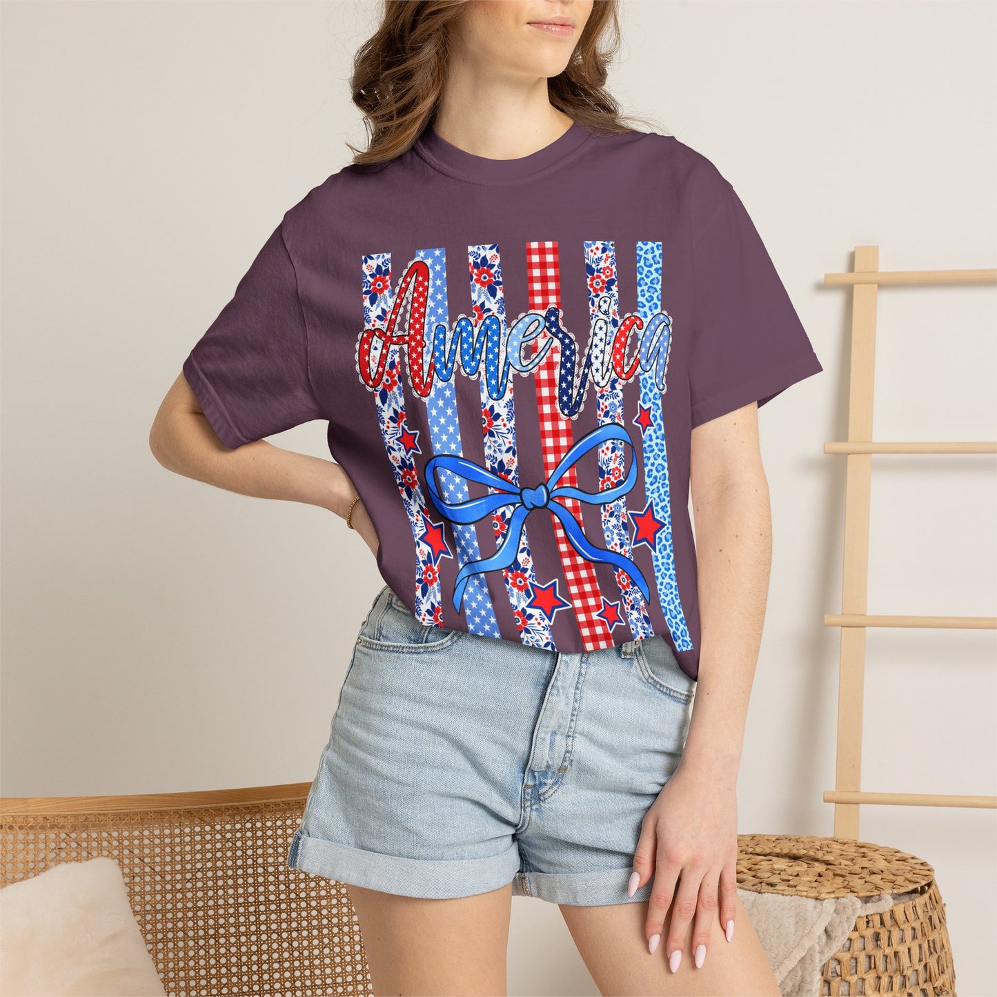 America Patriotic T-Shirt — Red White Blue Stripes & Bow Graphic