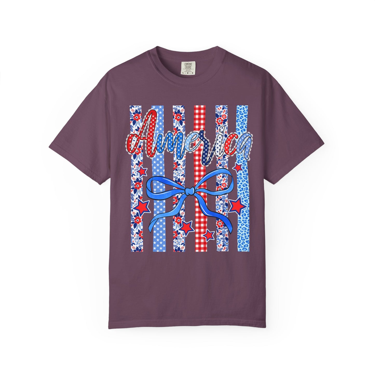 America Patriotic T-Shirt — Red White Blue Stripes & Bow Graphic