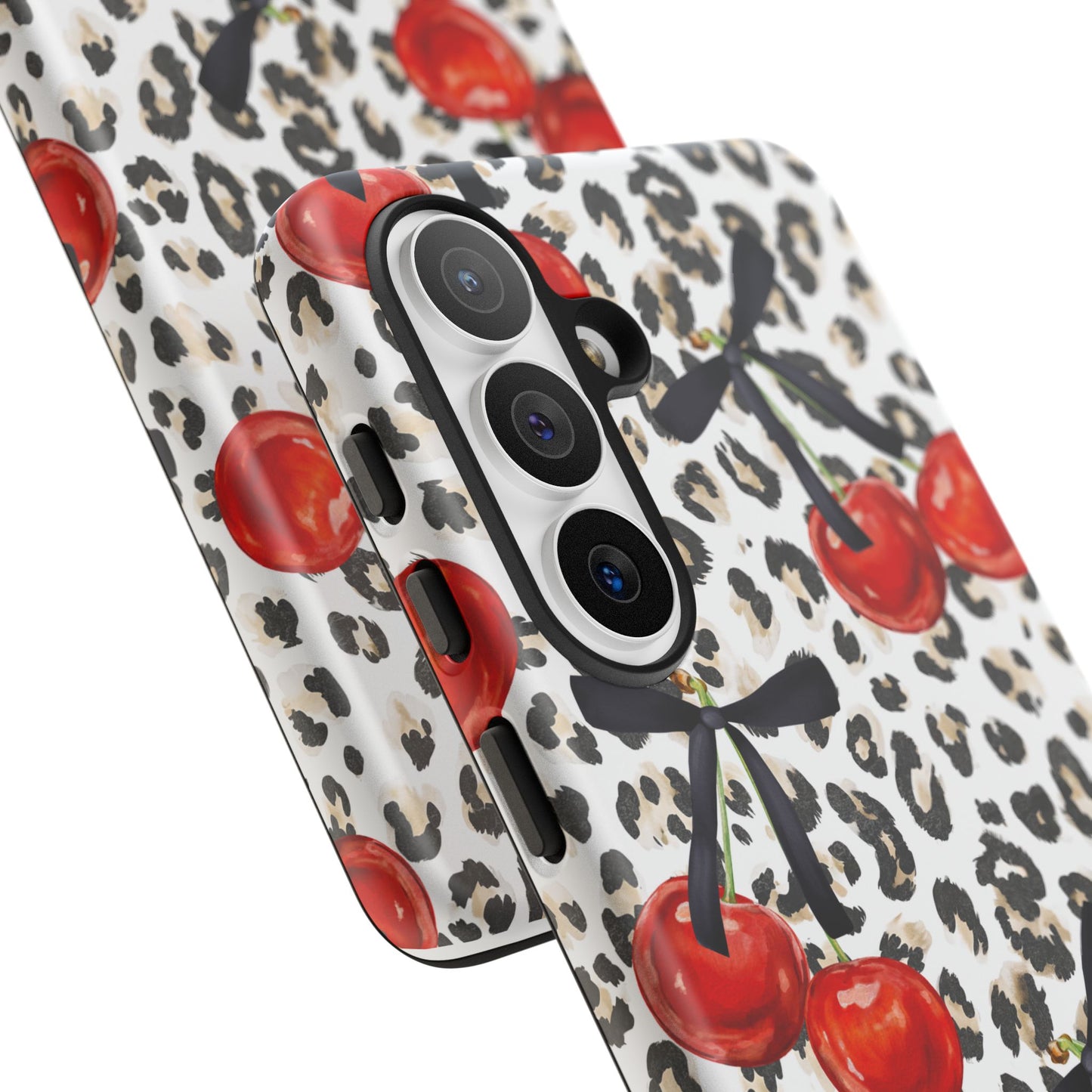 Cherry Leopard Phone Case — Retro Red Cherries on Animal Print Protective Case