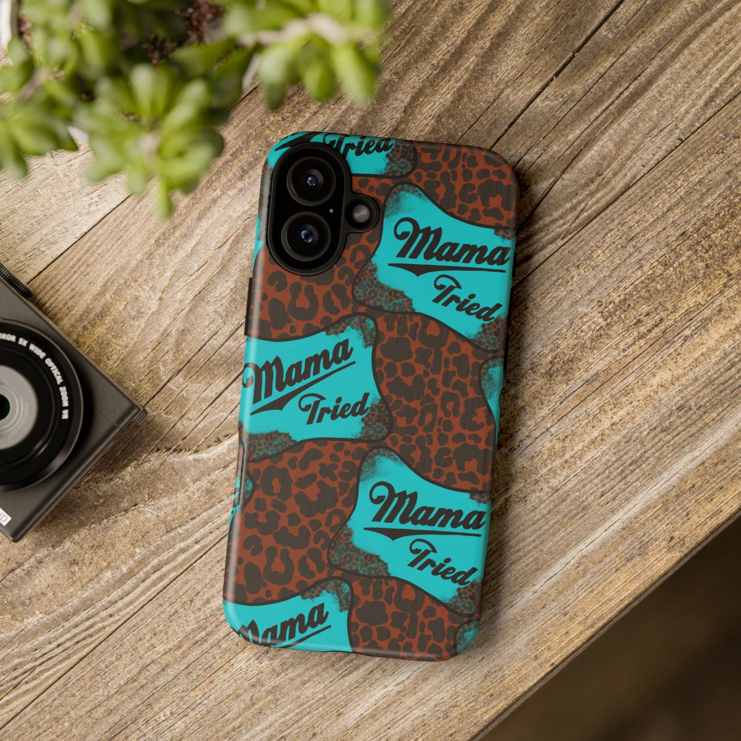 Mama Tried Leopard Print Phone Case — Turquoise Retro Patch Design