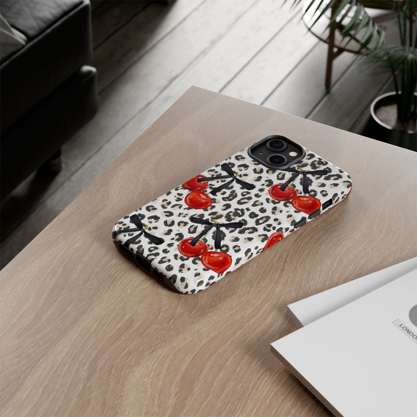 Cherry Leopard Phone Case — Retro Red Cherries on Animal Print Protective Case