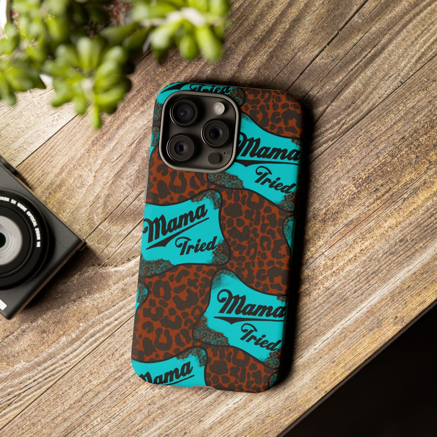 Mama Tried Leopard Print Phone Case — Turquoise Retro Patch Design