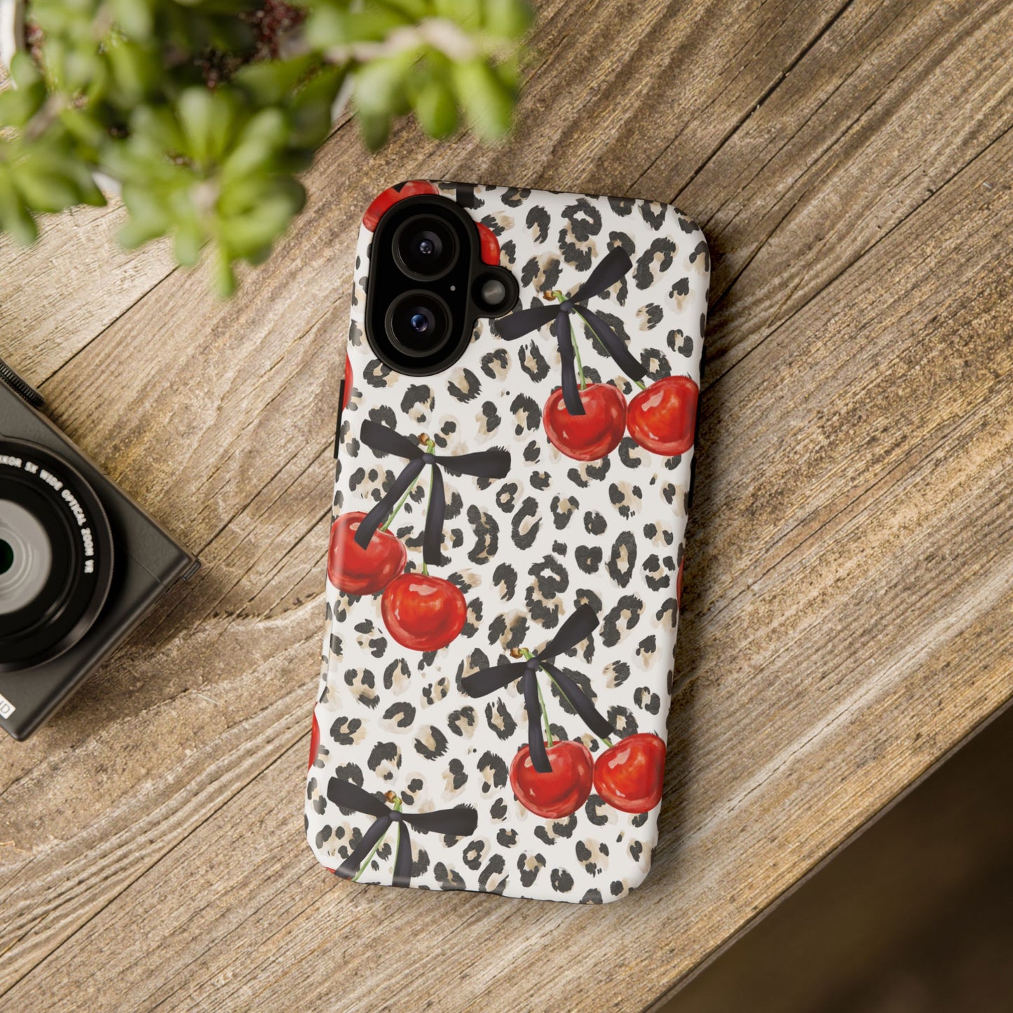 Cherry Leopard Phone Case — Retro Red Cherries on Animal Print Protective Case