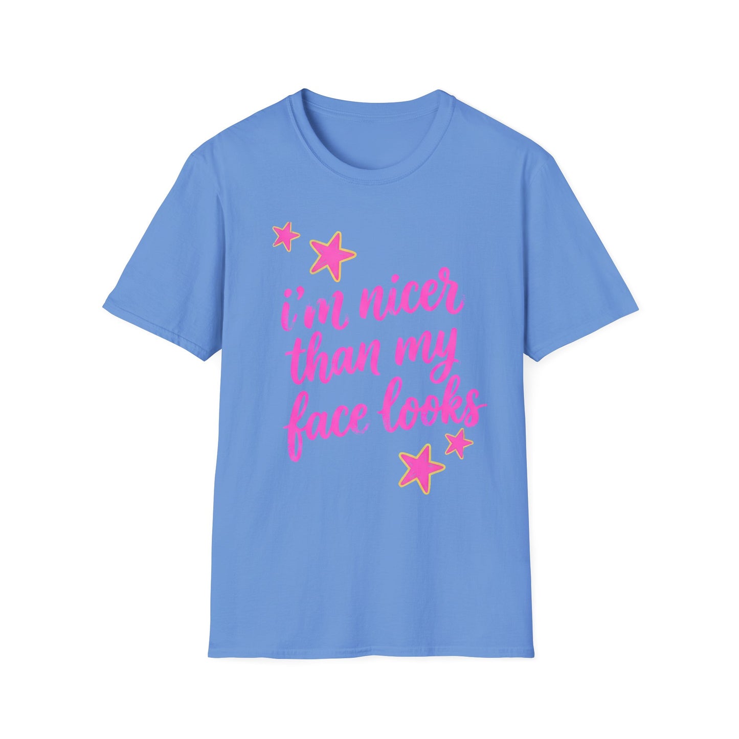 “I’m Nicer Than My Face Looks” Pink Script Graphic Tee