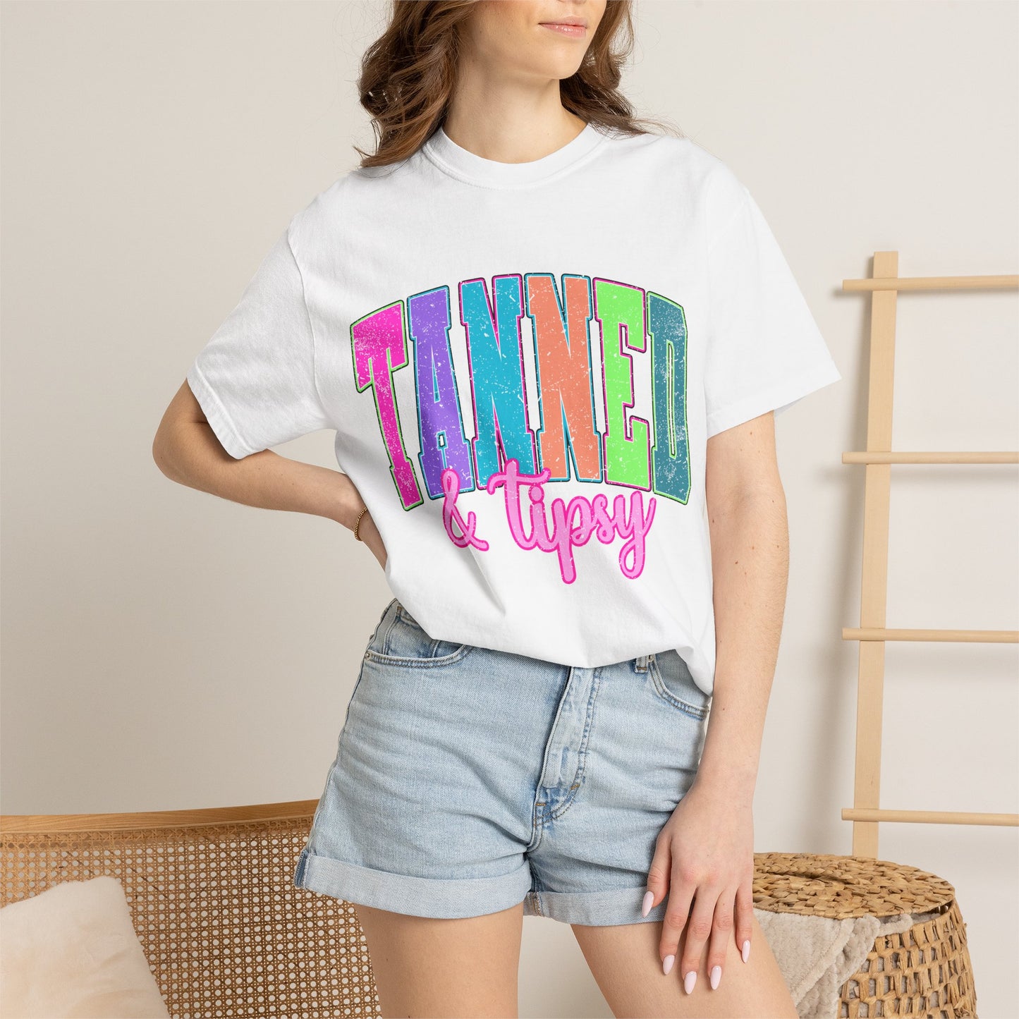 "Tanned & Tipsy" Colorful Beach Graphic Tee
