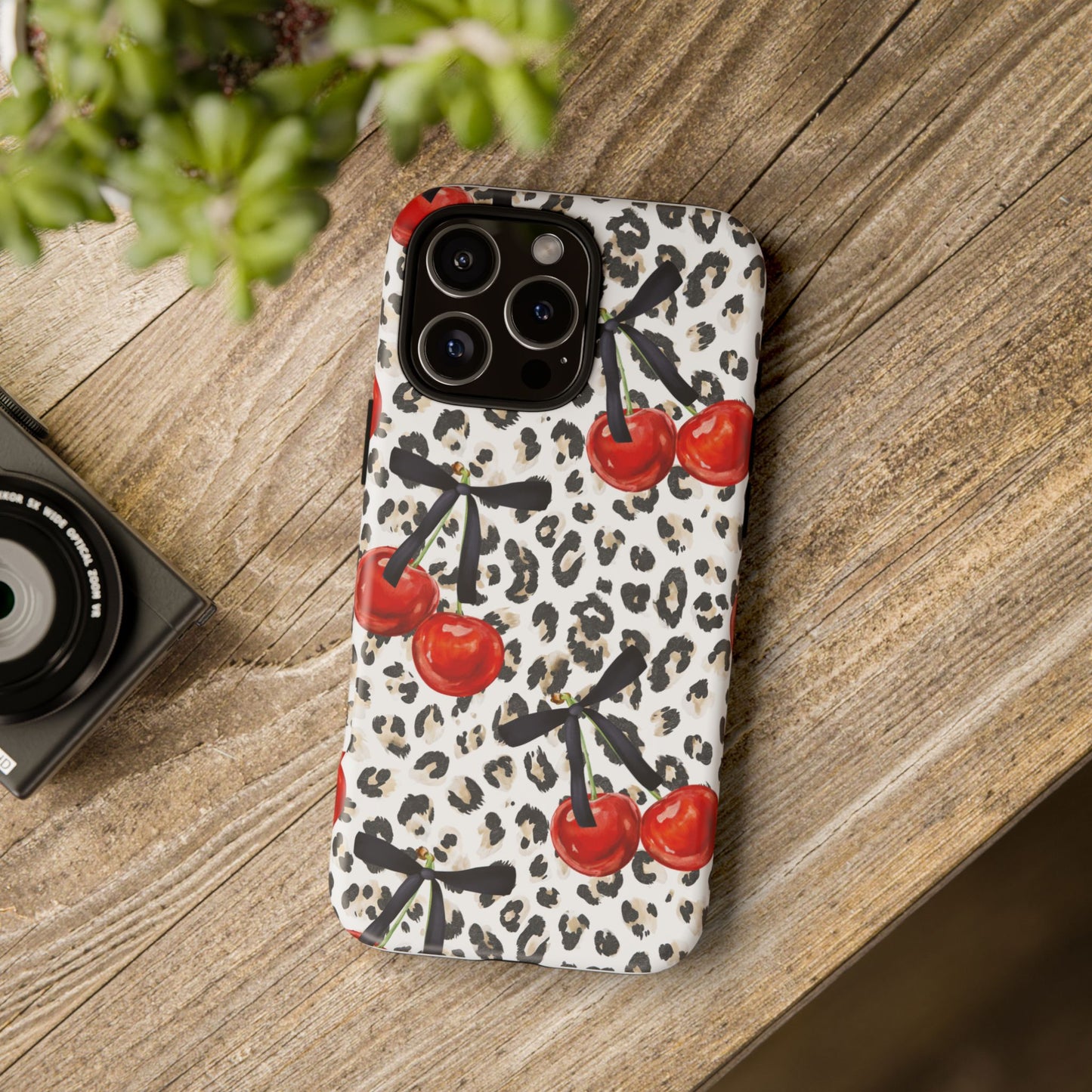 Cherry Leopard Phone Case — Retro Red Cherries on Animal Print Protective Case