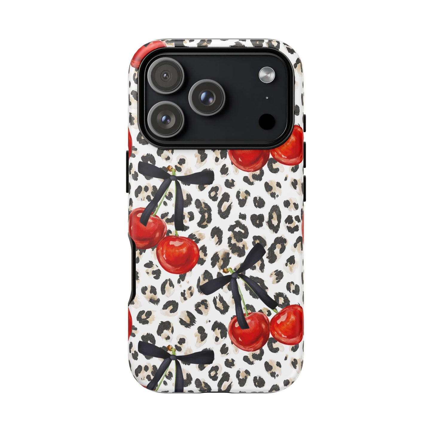 Cherry Leopard Phone Case — Retro Red Cherries on Animal Print Protective Case