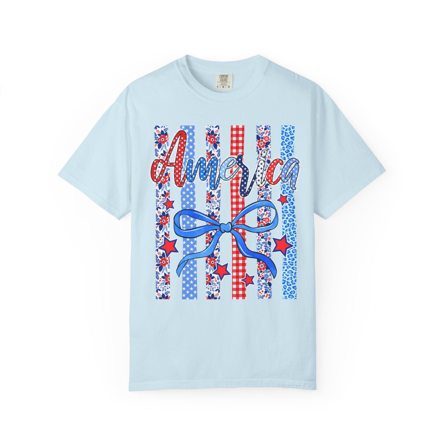 America Patriotic T-Shirt — Red White Blue Stripes & Bow Graphic