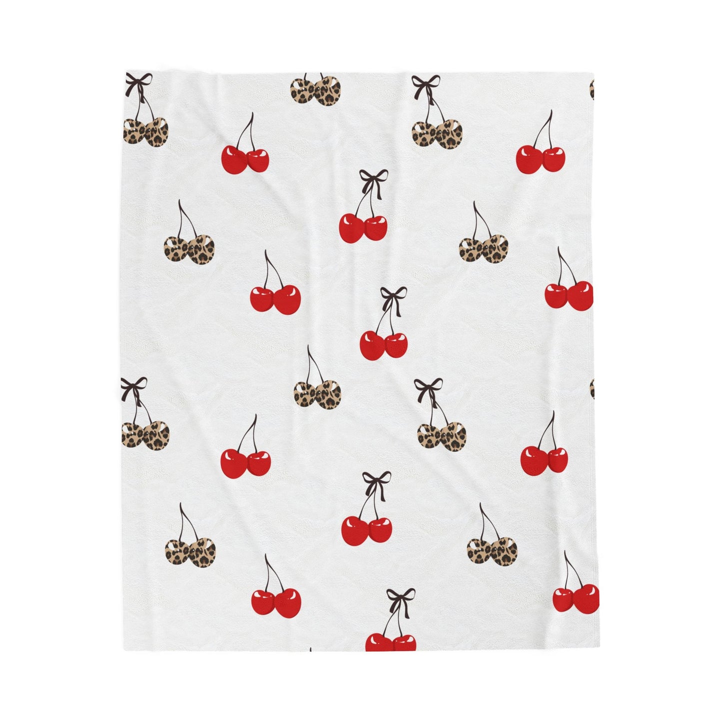Cherry Print Velveteen Plush Blanket – Red & Leopard Cherries Cozy Throw