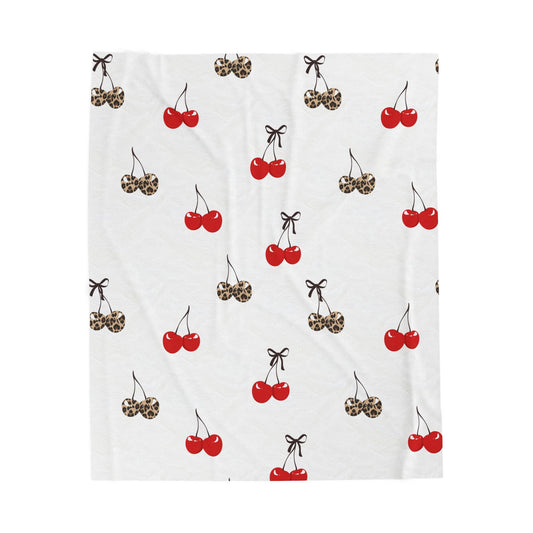 Cherry Print Velveteen Plush Blanket – Red & Leopard Cherries Cozy Throw