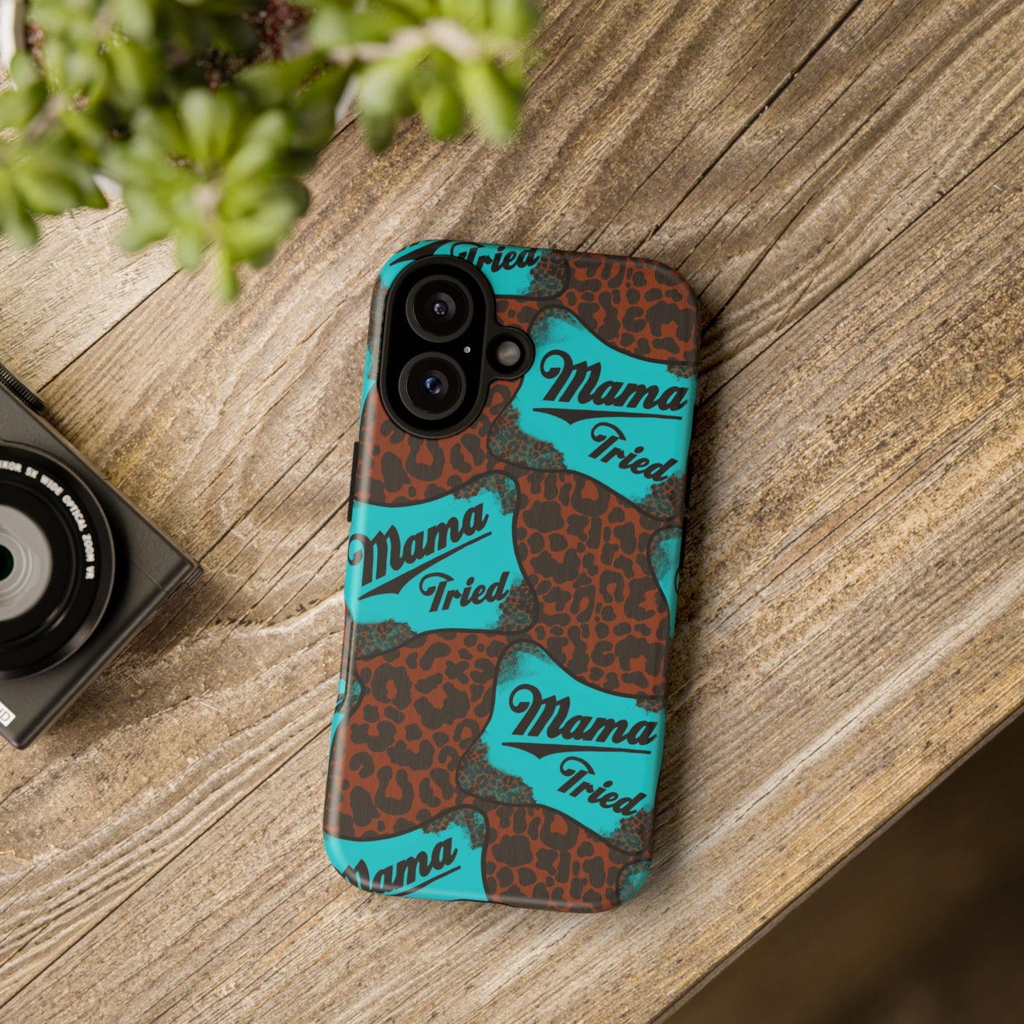Mama Tried Leopard Print Phone Case — Turquoise Retro Patch Design