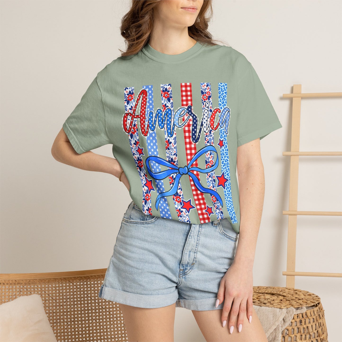 America Patriotic T-Shirt — Red White Blue Stripes & Bow Graphic