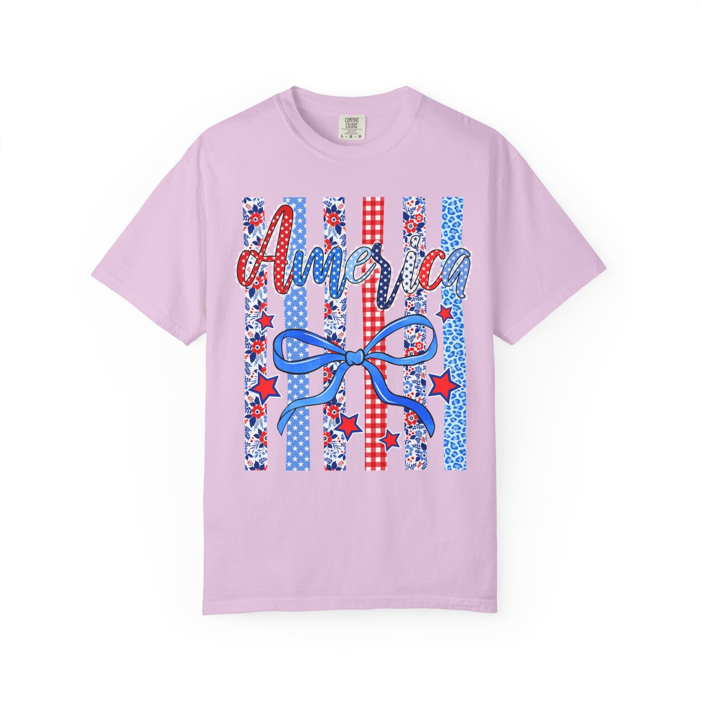 America Patriotic T-Shirt — Red White Blue Stripes & Bow Graphic