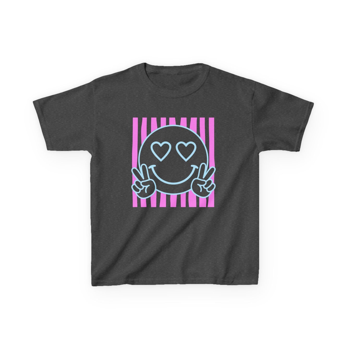 Kids T‑Shirt Heart Eyes Smiley with Peace Sign (Pink Stripes)