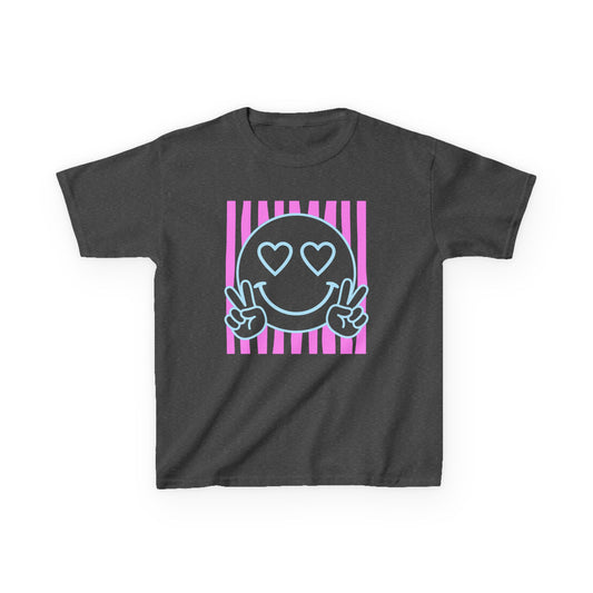 Kids T‑Shirt Heart Eyes Smiley with Peace Sign (Pink Stripes)