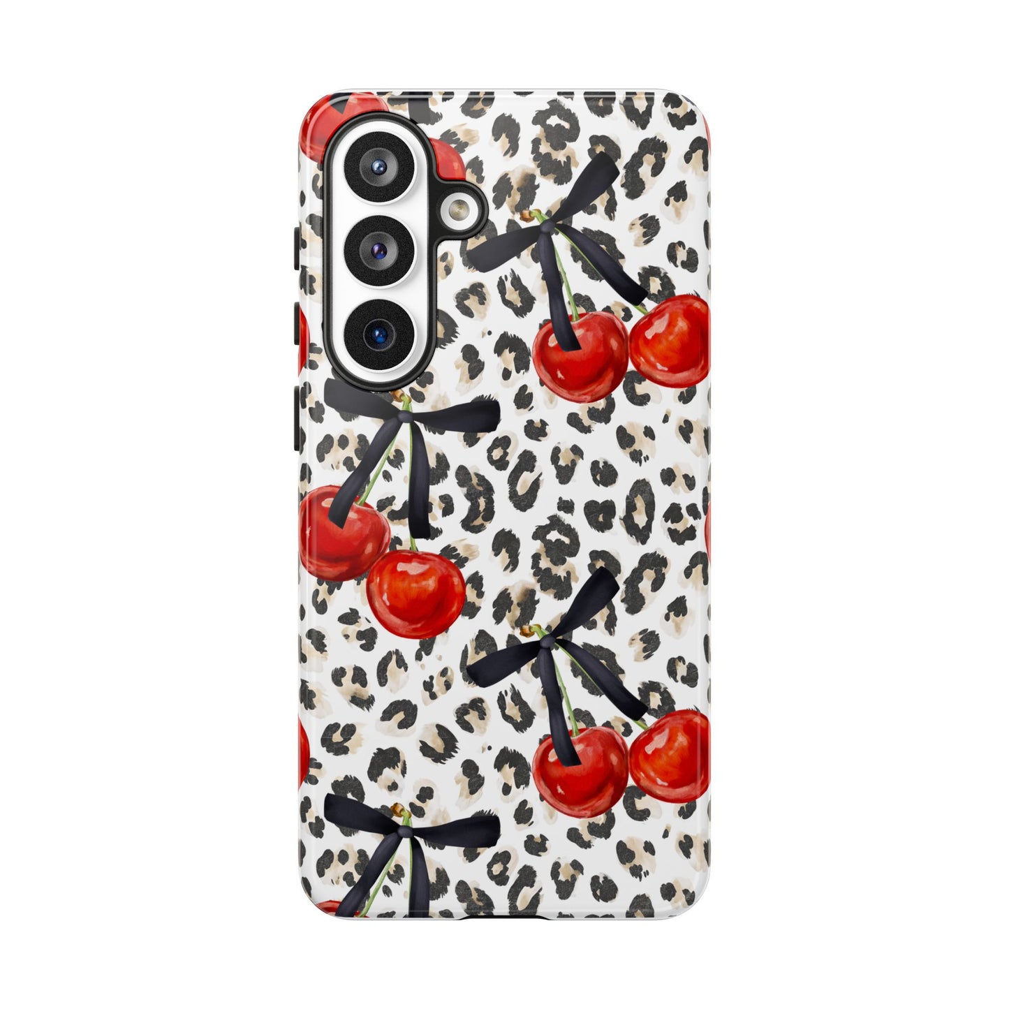 Cherry Leopard Phone Case — Retro Red Cherries on Animal Print Protective Case