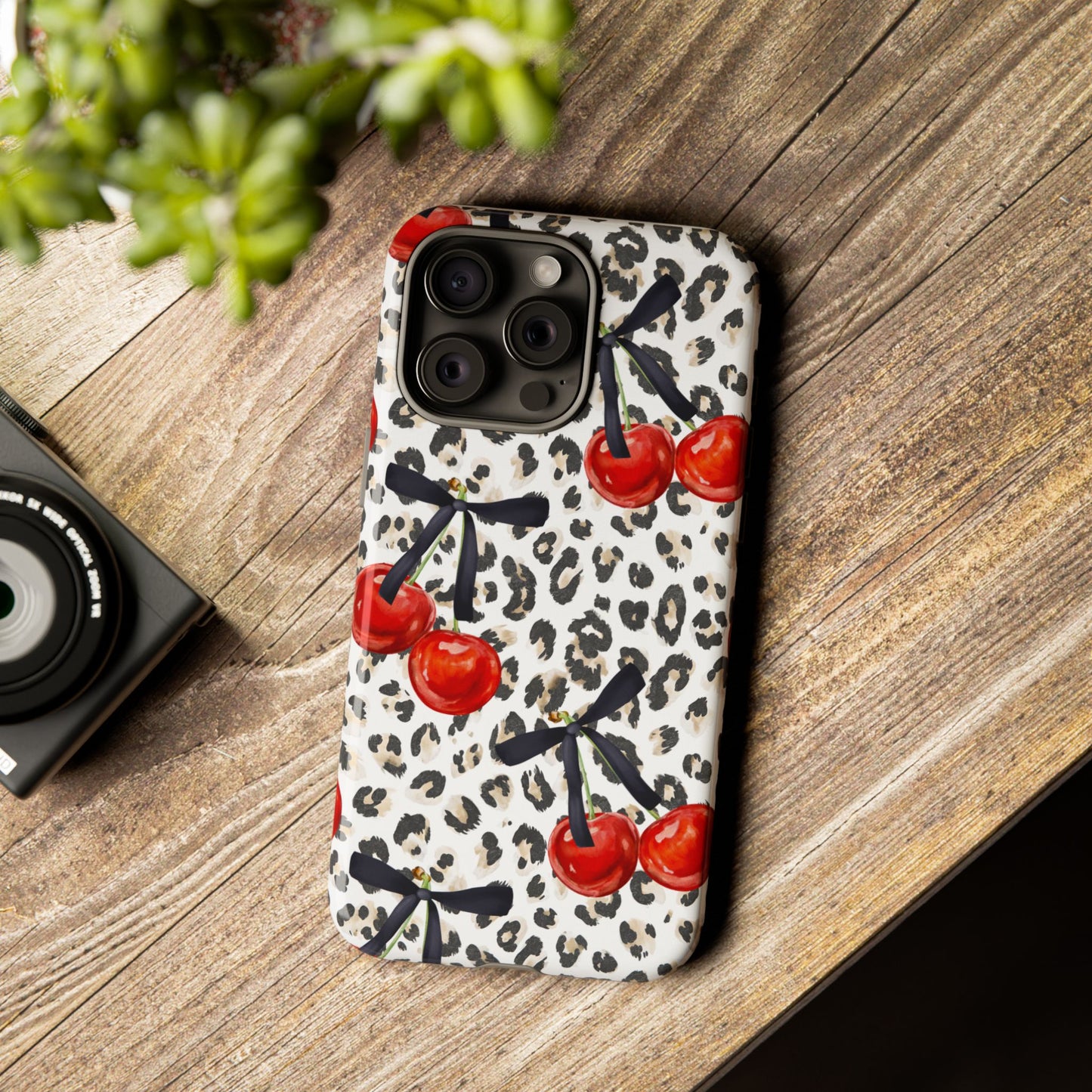 Cherry Leopard Phone Case — Retro Red Cherries on Animal Print Protective Case