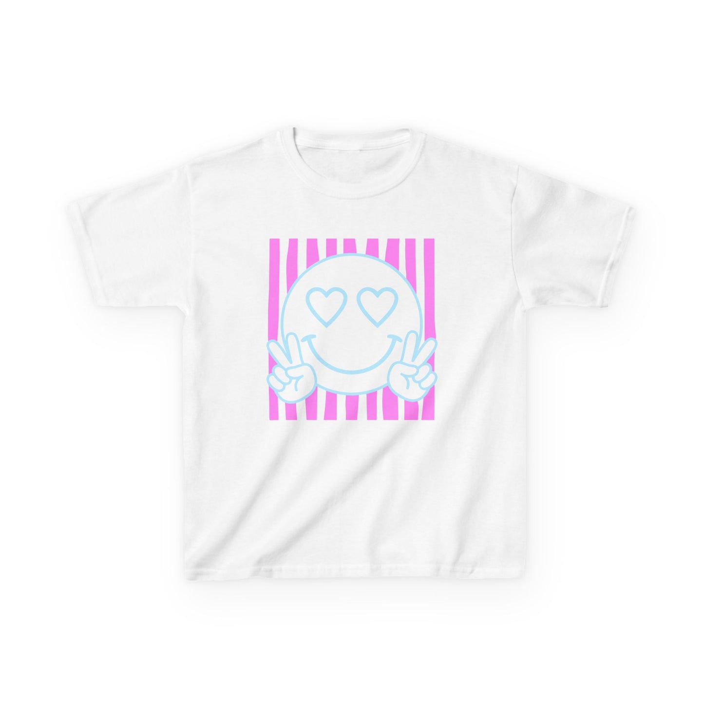 Kids T‑Shirt Heart Eyes Smiley with Peace Sign (Pink Stripes)
