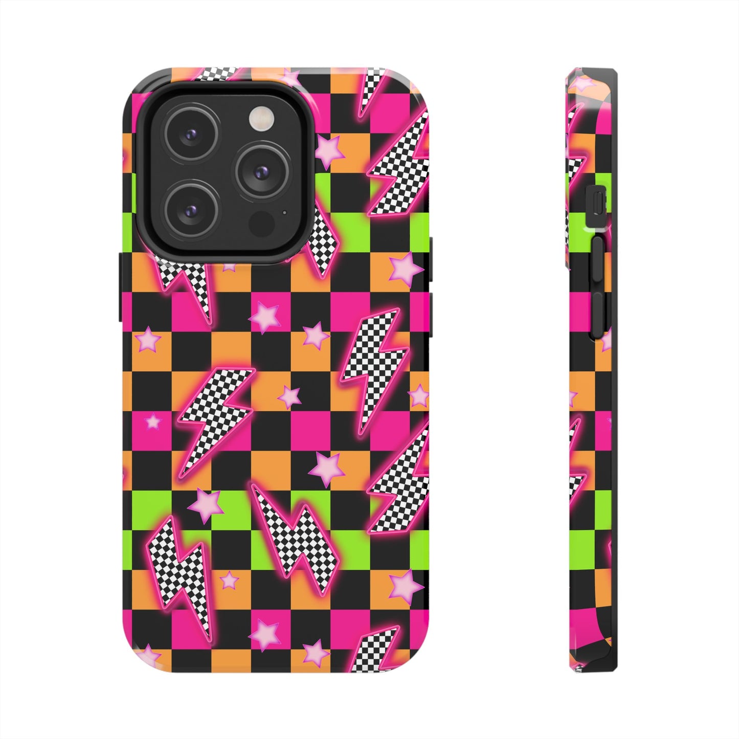 Neon Checkerboard Lightning Retro Pattern